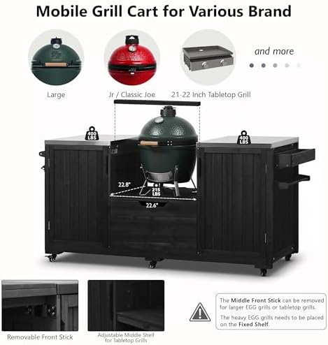 66.5" Outdoor Kitchen Island for Big Green Egg Grill, Solid Wood Outdoor Grill Cart for Tabletop Grill with Stainless Steel Top, Drawer, Compatible with Large Big Green Egg, Kamado Joe-Black - Image 4