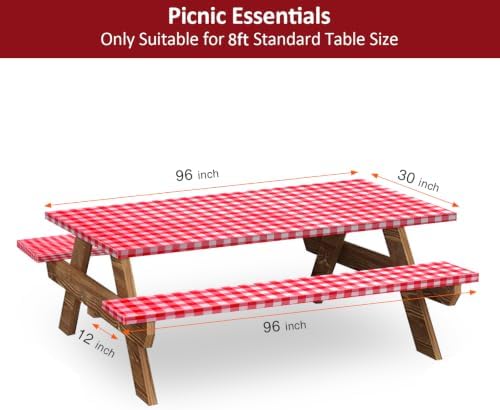 8ft 96in Picnic Table and Bench Cover, 3 Pack, Red-White Checkered - Image 2