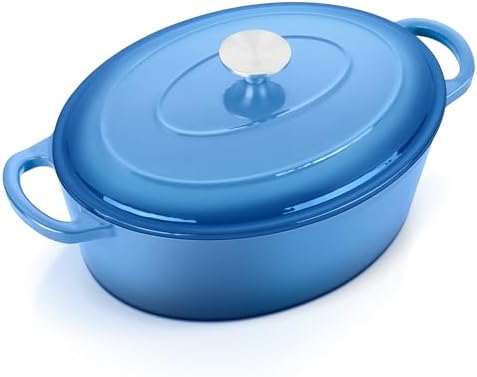 E-far 7QT Oval Dutch Oven Pot with Lid, Blue Enameled Cast Iron Dutch Oven by E-far