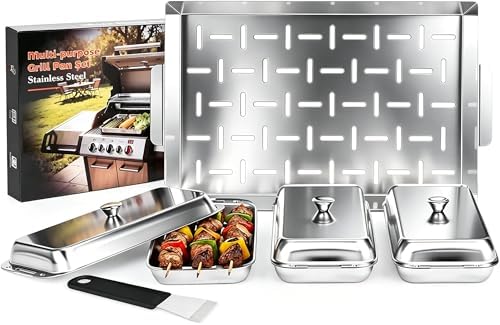 BBQ Vegetable Grill Basket Set, 4 Piece Stainless Steel Grill Pan Set with Universal Handle & lid, Dishwasher Safe, for Outdoor Cooking, Camping, Picnic, For Grilling Fish Veggies & Meats by SearCook