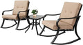 Oakcloud Oakmont Outdoor Furniture 3 Piece Conversation Bistro Set Rocking Chairs and Glass Top Table, Thick Cushions, Black Steel (Brown) by OckcloudPatioFurniture