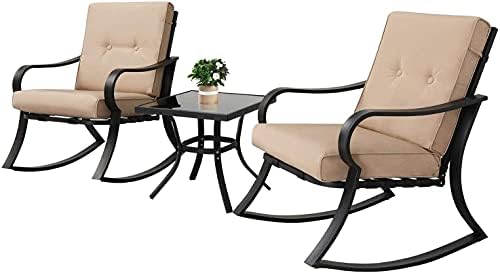Oakcloud Oakmont Outdoor Furniture 3 Piece Conversation Bistro Set Rocking Chairs and Glass Top Table, Thick Cushions, Black Steel (Brown) by OckcloudPatioFurniture