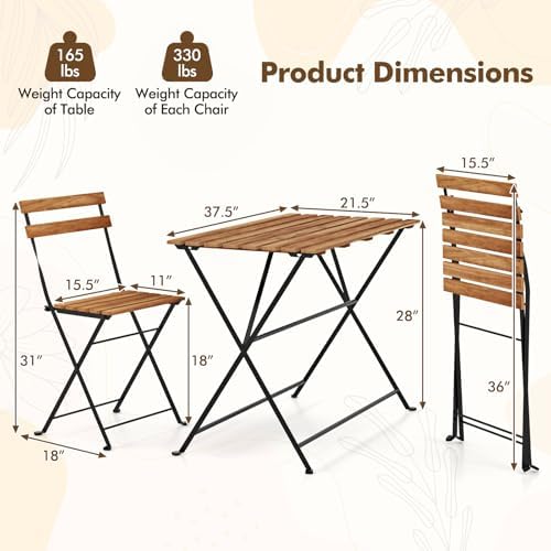 GIANTEX 5-Piece Outdoor Dining Table Set for 4, Acacia Wood Bistro Table with 4 Folding Patio Chairs, Slatted Seat & Tabletop, Metal Frame, for Yard Porch Garden Poolside (Black + Brown) - Image 5