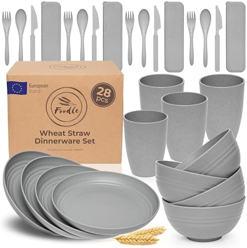FOODLE Wheat Straw Dinnerware Set - RV, Camping, Picnic Plates Cups & Bowls by FOODLE