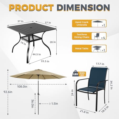 Incbruce 6 Pieces Patio Dining Set with Brown Umbrella, Outdoor Dining Set of 4 Textilene Chairs and Square Table with Umbrella Hole for Backyard, Garden, and Poolside (Blue) - Image 5