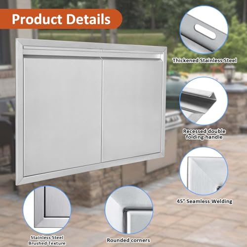JIE JIN BBQ Access Door 35" W X 24" H Outdoor Kitchen Doors Double Doors Thickened 304 Stainless Steel Outdoor Kitchen Accessories Door for Indoor/Outdoor Kitchen Outdoor Cabinet BBQ Island - Image 3