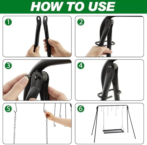 Rossesay Grill Swing Campfire Stand Campfire Cooking Equipment Adjustable Camping Accessories Cookware Hanging Rack with 8 Hooks and Portable Grill Stand for BBQ Picnic Outdoor Party - Image 4