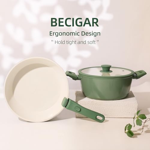 BECIGAR 23pcs Ceramic Pots and Pans Set, Nonstick Detachable Handle Cookware, Induction Kitchen Cooking Set, Include Frying Pans & Saucepans Oven Safe(Green) - Image 5