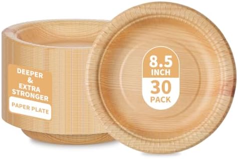 30 Pcs Deep Paper Plates 8.5 inch, Double Thick & Extra Sturdy Wood Grain Paper Plates, Microwave Safe, Soak Proof Disposable Plates for Woodland Baby Shower, Camp Party, Birthday Party by DTFMZOV