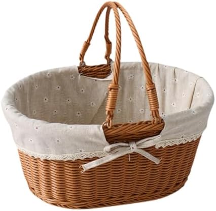 Imitation Rattan Picnic Basket Picnic Hamper Woven Storage Basket Fruit Basket for Bread Fishing Garden BBQ Outdoor Camping- Style D - Image 4