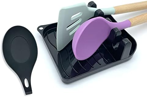 2 Pack Multiple Utensil Spoon Rest with Drip Pad Non-Slip Heat Resistant Kitchen and Grill Spoon Holder for Spatula, Ladle, Tongs, Kitchen Gadgets, and Cooking Accessories (Bright Black) by LSVGOEDirect