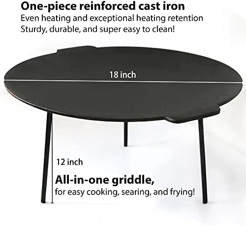 18" Cast Iron Griddle, Round Iron Pan, Portable Campfire Grill with 3 Removable Legs for Outdoor BBQ Cooking, Grilling and Frying Outdoor Camping - Image 2