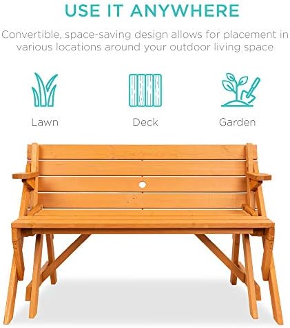 Best Choice Products 2-in-1 Transforming Interchangeable Outdoor Wooden Picnic Table Garden Bench for Backyard, Porch, Patio, Deck w/Umbrella Hole - Natural - Image 4