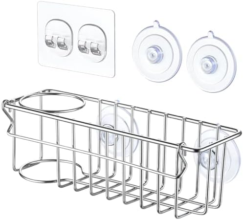 3-In-1 Sponge Holder for Kitchen Sink with Suction Cups & Adhesive Hook , In-sink Sponge Holder, Wall Hanging Sink Caddy Organizer Rack - Sponge, Dish Cloth, Brush, Scrubber - 304 Stainless Steel - Image 3
