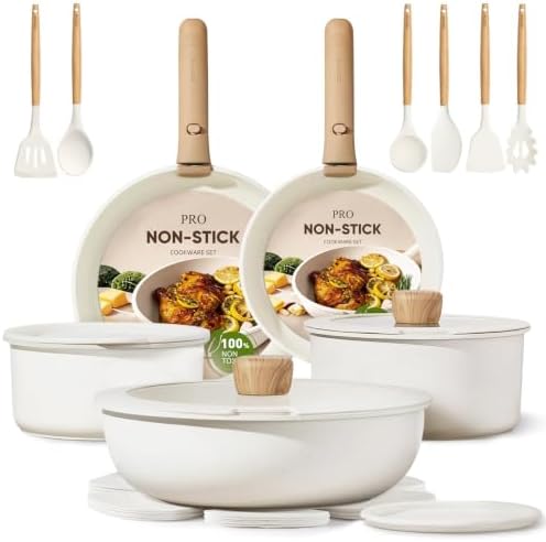 CAROTE Pots and Pans Set Non Stick, Detachable Handle Cookware, 21pcs,White by CAROTE
