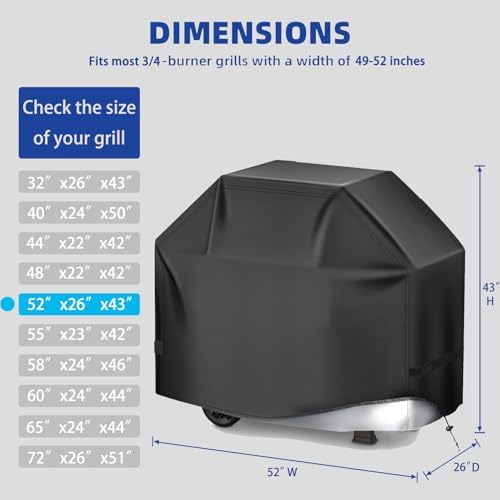 BBQ Gas Grill Cover for Outdoor, Anti-UV, Rip-Proof, 600D Oxford Fade Resistant Material, Barbecue Cover with Hook and Loop Straps & Adjustable Hem Drawstring (Black, 52”x26”x43”) - Image 2