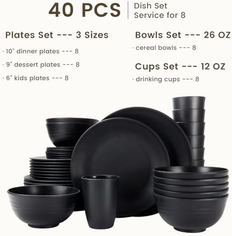Homienly 40-Pieces Wheat Straw Dinnerware Set, Kitchen Plastic Wheat Straw Dinnerware Set - Service for 8, Unbreakable Lightweight Dish Set for Kitchen, Camping - Plates Set, Bowls, Cups Set(Black) - Image 2