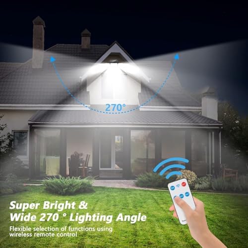 Solar Lights Outdoor Waterproof, 288 LED 2800LM Motion Sensor Outdoor Lights with Remote Control, 4 Head Solar Flood Lights Outdoor for Patio, Garage, Yard, Wall, IP65 Security Lights 2 Pack - Image 2