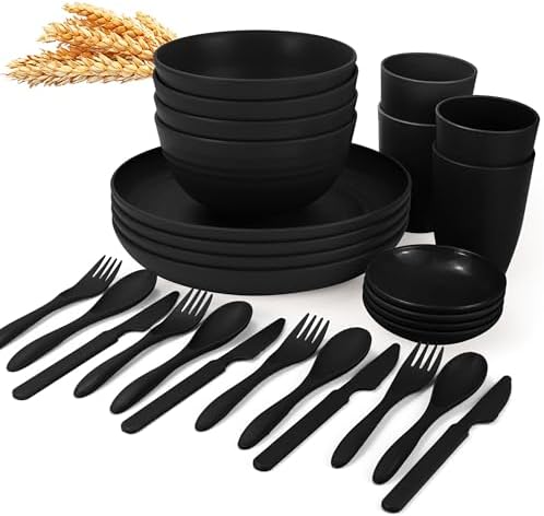 Wrova Wheat straw dinnerware set of 28 - Bowls and Plates Set for Dorm - Microwave and Dishwasher safe dish sets for kitchen,camping,indoors and out doors.Black by WROVA