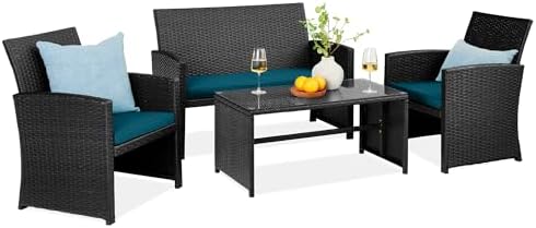 Best Choice Products 4-Piece Outdoor Wicker Patio Conversation Furniture Set for Backyard w/Coffee Table, Seat Cushions - Black/Peacock by BestChoiceProducts