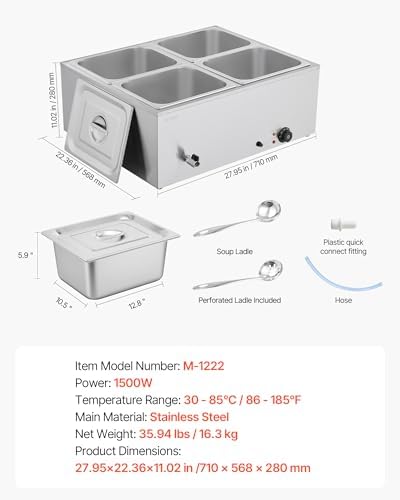 VEVOR Commercial Food Warmer, 1500W Electric Stainless Steel Steam Food Warmer with Lid, 4-Pan Fast Heating Countertop Buffet Bain Marie with Soup & Perforated Ladles, for Catering, Restaurant, Party - Image 7