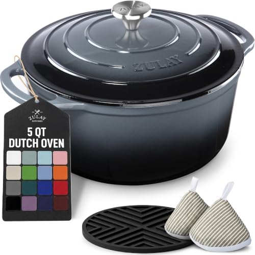 Zulay Kitchen 5 Quart Enameled Cast Iron Dutch Oven Pot with Lid – Premium Durability & Oven Safe up to 500°F – Heavy Duty Cookware Perfect for Bread Baking, Stews, Braising & Roasting – Gray by ZulayKitchen