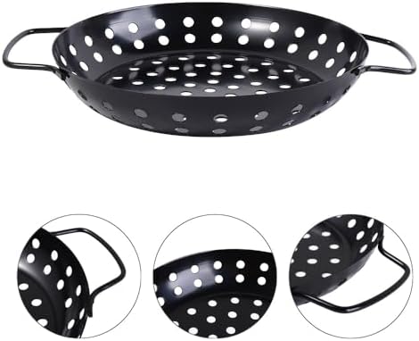 Round Grill Wok with Handle,Carbon Steel Grill Pan With Holes,Non-Stick Grilling Skillet,Round Grill Pan,Grill Basket For Seafood,Vegetable,Meat - Image 3