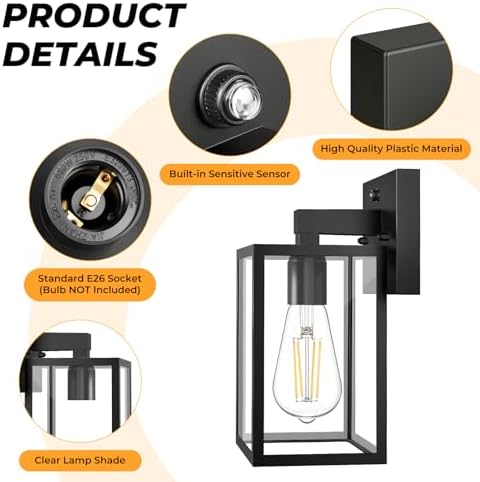 FOLKSMATE 2 Pack Dusk to Dawn Outdoor Wall Light Fixtures, Hardwired Anti‑Rust Exterior Porch Light, Waterproof Wall Sconces Lanterns, Sensor Lighting Wall Mount for House Doorway Garage, Black - Image 6
