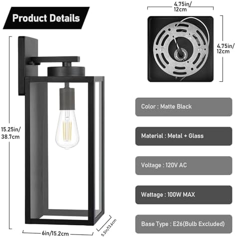 BesLowe 15’’ Large Outdoor Wall Lights, Modern Black Exterior Wall Lanterns - Image 6