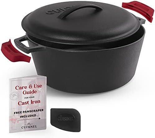 Cuisinel Cast Iron Dutch Oven - 7-Quart Deep Pot + Lid + Pan Scraper + Handle Covers - Large Pre-Seasoned Cooker for Baking Bread, Soup, Frying - Indoor/Outdoor Kitchen, Camping, Fire, BBQ Safe by Cuisinel