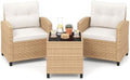Tangkula 3 Pieces Patio Furniture Set, PE Rattan Wicker 3 Pcs Outdoor Sofa Set w/Washable Cushion and Tempered Glass Tabletop, Conversation Furniture for Garden Poolside Balcony (Light Brown -White) by TANGKULA