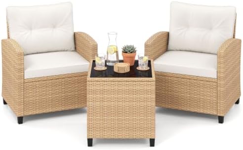 Tangkula 3 Pieces Patio Furniture Set, PE Rattan Wicker 3 Pcs Outdoor Sofa Set w/Washable Cushion and Tempered Glass Tabletop, Conversation Furniture for Garden Poolside Balcony (Light Brown -White) by TANGKULA