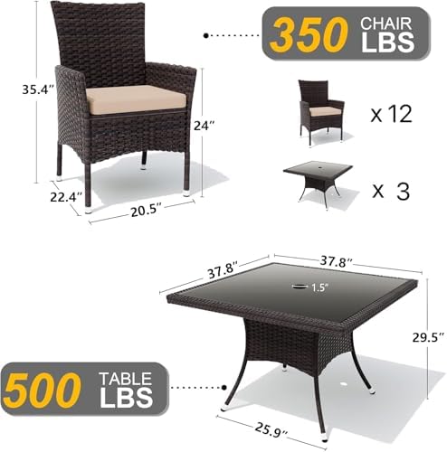 Gotland 15 Piece Outdoor Dining Set, All-Weather Rattan Patio Furniture Set with Umbrella Hole Tempered Glass Square Table, Outdoor Table and Chairs with Removable Cushions for Backyard, Deck Sand - Image 2