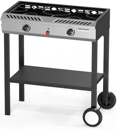 Bonnlo 2 Burner Propane Gas Stove with Auto Ignition, 150,000 BTU Portable Outdoor Camp Cooker Stove with Convenient Shelf & Smooth Rolling Wheels for Backyard, Camping, Tailgating, Patio Parties by Bonnlo