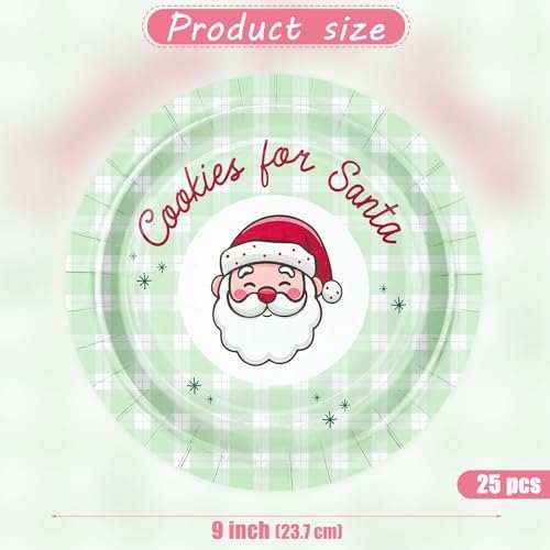 WRAPAHOLIC 25Pcs Christmas Paper Plates - 9 Inch Green Plaids Santa Disposable Plates Decorative Dinner Plates for Christmas Party Tableware Supplies Table Decor - Image 2
