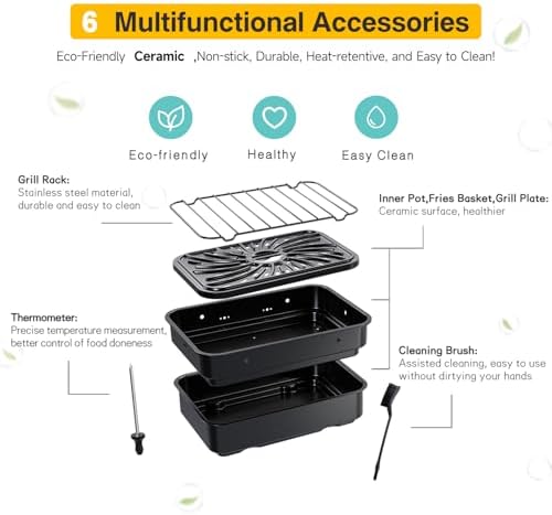 Candy Indoor Grill & Air Fryer with Ceramic Accessories, 500°F Max, 7-IN-1 Digital Display, 5.2 QT Electric Low Smoke with View Window, Smart Thermometer, Crisp, Roast & Dehydrate, Easy Clean, 1500W - Image 4