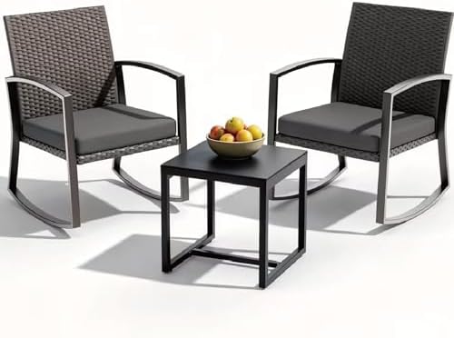 Rocking Patio Bistro Sets - All-Weather - 3 Piece Rattan Conversation Furniture Set, Wicker Outdoor Front Porch Chair for Balcony, Porch, Garden, Backyard, Poolside,Medium Gray by Unknown
