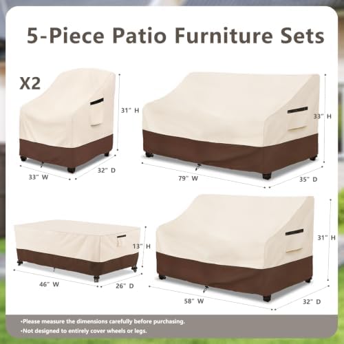 Rileytee Outdoor Patio Furniture Cover Set,5 Pcs 600D Heavy Duty 100% Waterproof Outdoor Furniture Covers, Fit 3-Seater Sofa,Patio Loveseat, Chair and Coffee Table (Beige & Brown) - Image 2