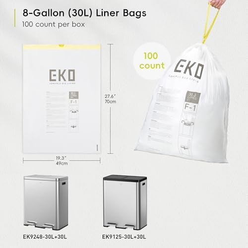 EKO Easy-Dispense Roll 100 Count Extra-Strong Drawstring Kitchen Trash Bags – 8 Gallon Garbage Bags (30.3L) 1 pack, Code F-1 Slim Fit, White - Image 5