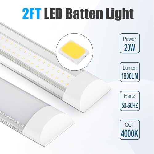 4 Packs 2FT LED Batten Light with 50cm Cable, Ultra-Thin Ceiling Surface Mounted Light, 20W, Day Light 4000K, IP20, LED Ceiling Light Fixture for Garage, Shop, Hallway, Office, Market, Ver.2 - Image 2