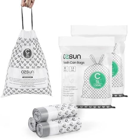 Cesun Code C Pre Cut Drawstring Trash Bags 90 Count, 1.3 Gallon / 5 Liter by Cesun