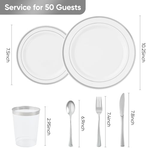 Fijinhom 350Pcs Silver Disposable Plates, Plastic Plastic Set for 50 Guests - Image 2