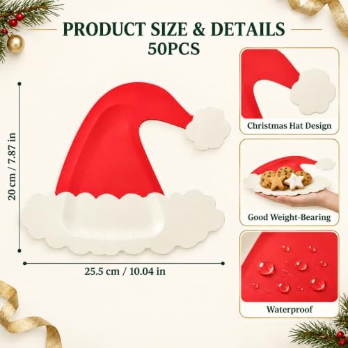 FOIMAS 50pcs Christmas Paper Plates, Red Christmas Hat Paper Plates Santa Disposable Tableware Party Plate For Dessert Xmas Party Supplies Winter Holiday Birthday Kitchen Table Decoration - Image 2