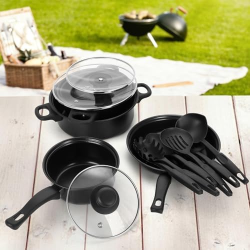 Non-Stick Cookware Set, Portable Lightweight Cast Iron Pots and Pans with Glass Lids and Nylon Utensils for Outdoor Camping Picnic Travel - Image 4