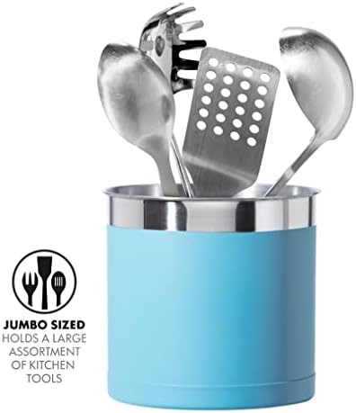 OGGI Stainless Steel Jumbo Utensil Holder - 7" Utensil Caddy, Weighted Base for Stability - Extra Large Utensil Crock and Countertop Utensil Organizer, Turquoise - Image 3