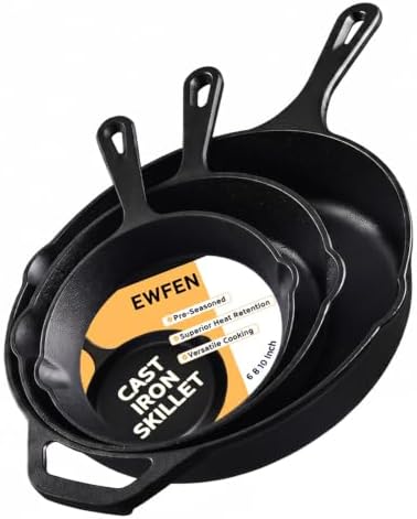 EWFEN Cast Iron Skillet 3-Piece Set, Heavy-Duty Professional Restaurant Chef Quality Pre-Seasoned Pan Cookware Set, 6", 8", 10" Pans For Frying, Saute, Cooking, Use Indoor/Outdoor, Oven, Grill by EWFEN