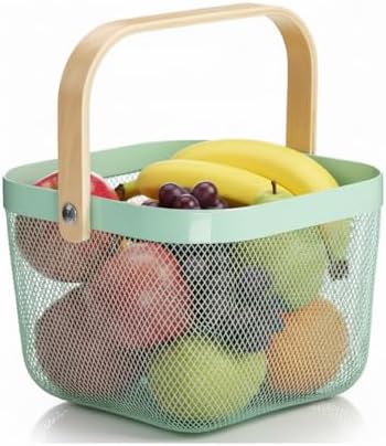 Mesh Steel Storage Organizer Basket Fruit Basket Bin with Wood Handle Ideal for Kitchen Bathroom Picnic Baskets Pantry Cabinets Storage Home Decor (Nebula Green) by Ymeibe