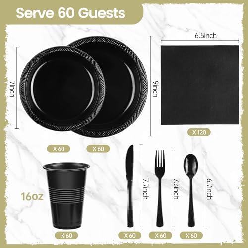 Kochorie 480 Pieces Black Plastic Dinnerware Set for 60 Guests Disposable Heavy Duty Plates Napkins Cups and Silverware Dessert Dinner Plates for Halloween Birthday Wedding Party Supplies - Image 2