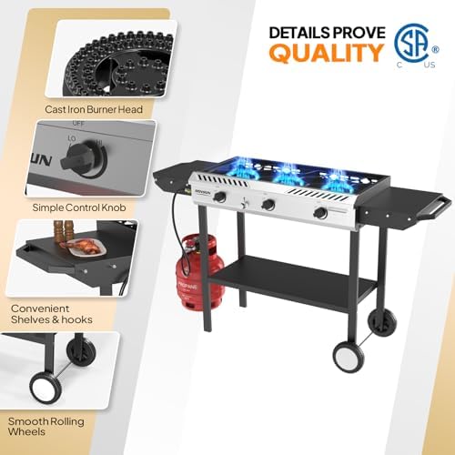 ROVSUN 3 Burner Propane Stove with Auto Ignition, 225,000 BTU Gas Stove with Side Shelves, Rolling Wheels & Regulator for Home Outdoor Backyard Camping Cooking Frying Brewing Canning - Image 2