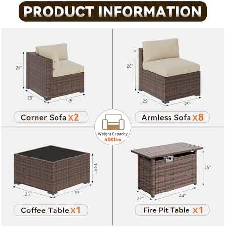 Aoxun Patio Furniture Sets, 12-Piece Outdoor Patio Furniture with 44'' Propane Gas Firepit Table, Wicker Outdoor Conversation Set Sectional Sofa for Backyard, Poolside, Garden - Image 2